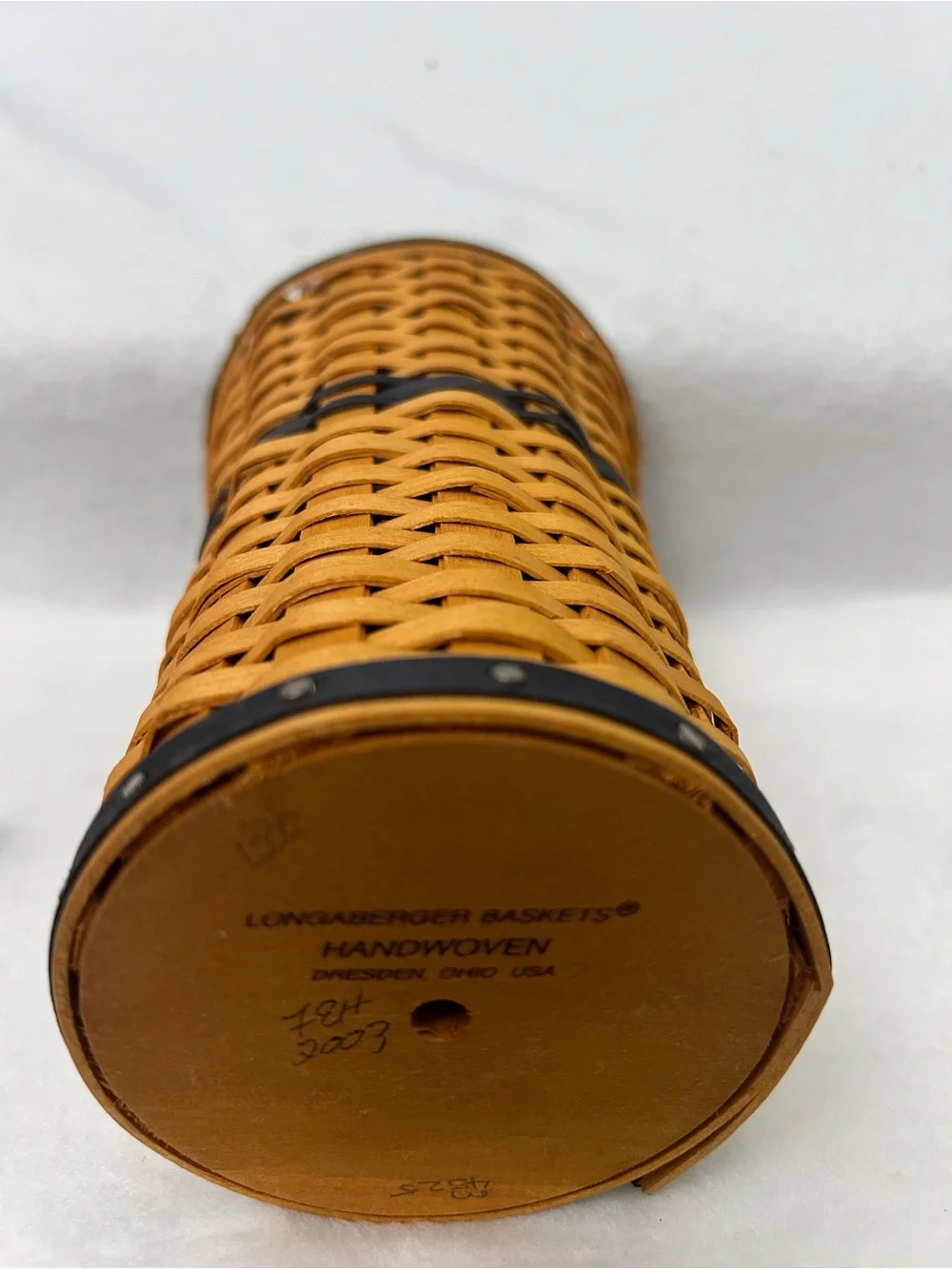 Longaberger Honey Oak Woven Umbrella Stand with Black Metal Frame